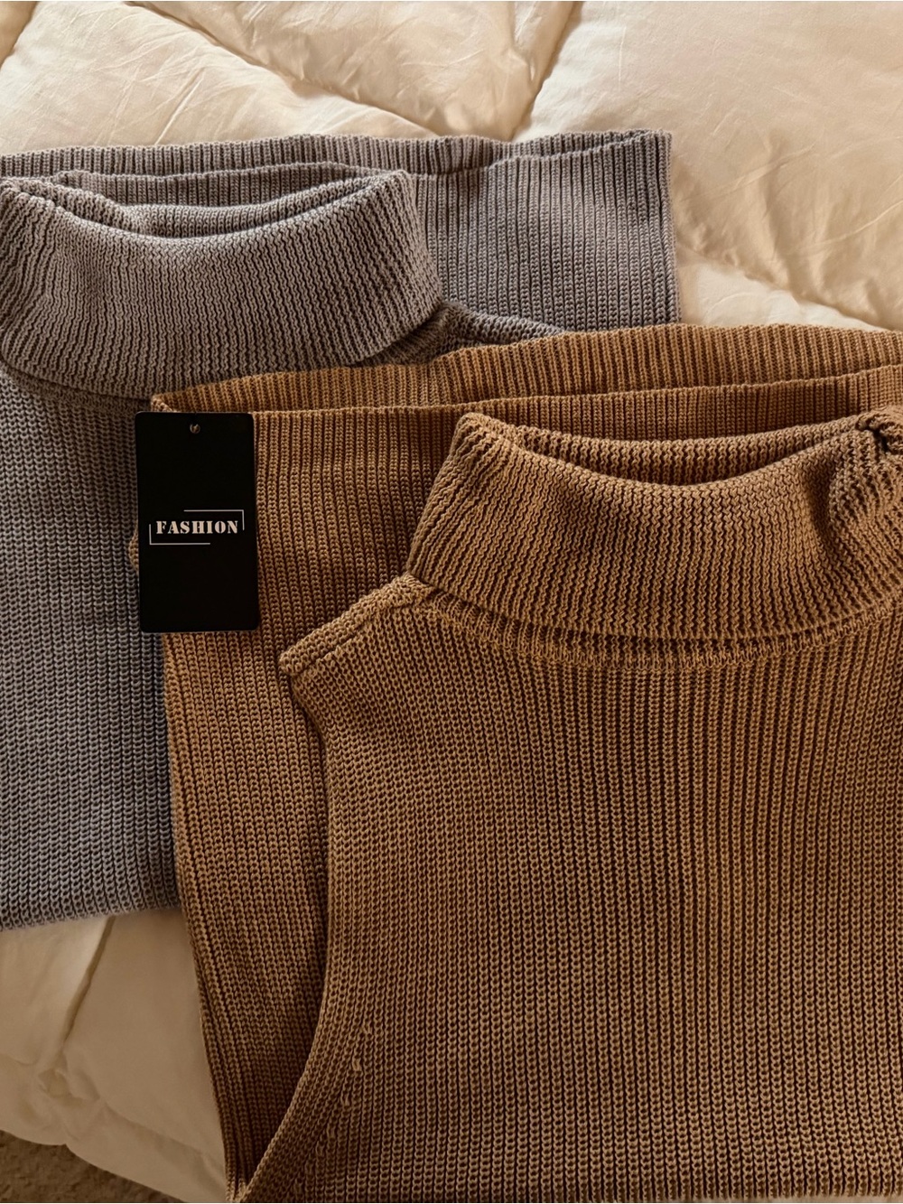 Set of 2 Cozy Ribbed Turtleneck Lightweight Sweaters - Taupe & Light Gray